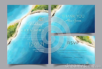 Wedding cards, invitations. Save the date ocean and island style designs. Romantic seaside summer wedding background Vector Illustration