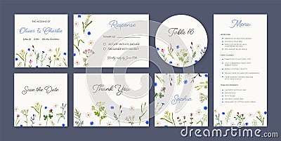 Wedding cards set. Floral background designs for marriage party. Romantic botanical invitation, menu, label and Save the Cartoon Illustration