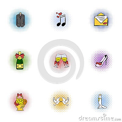 Wedding celebration icons set, pop-art style Vector Illustration