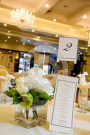 Wedding Centerpiece and Menu Stock Photo