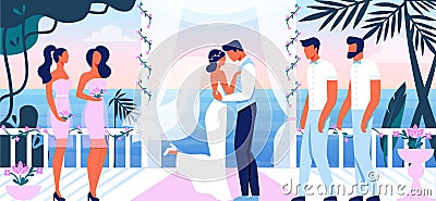 Wedding Ceremony Beautiful Terrace with Sea View Vector Illustration