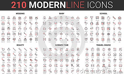 Wedding ceremony, beauty fashion, school, baby care and summer travel cruise icon set Vector Illustration