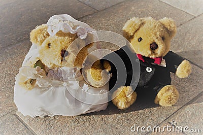 Newlywed teddy bears couple. Stock Photo