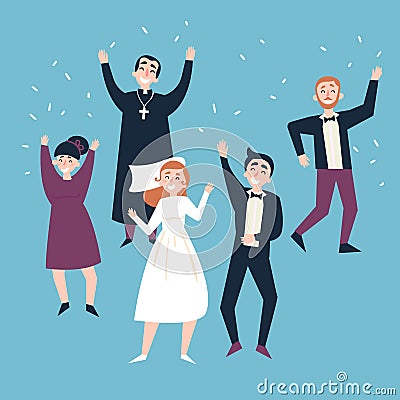 After wedding ceremony. Bride, groom and guests Vector Illustration