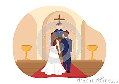 Wedding Ceremony in the Cathedral Catholic Church Building with the Happy Couple in Flat Cartoon Hand Drawn Template Illustration Vector Illustration