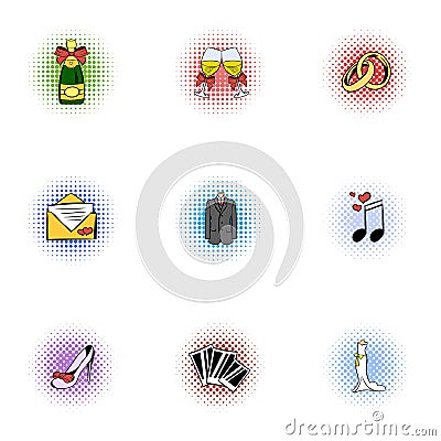 Wedding ceremony icons set, pop-art style Vector Illustration