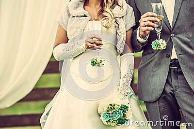 Wedding ceremony, newlywed couple with champagne glasses Stock Photo