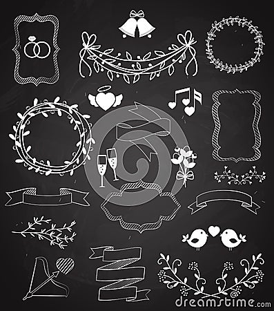 Wedding chalkboard Banners and Ribbons set Vector Illustration