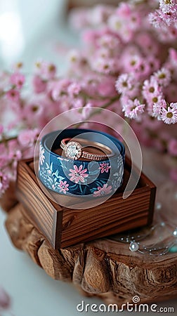 Wedding charm rings in wooden box on flower filled heart stand Stock Photo