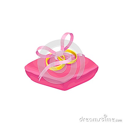Wedding classical golden rings on a cushion bound pink ribbon bow. Save the date decoration for greeting card Vector Illustration