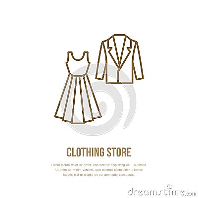 Wedding cocktail dress, men suit icon, clothing shop line logo. Flat sign for apparel collection. Logotype for laundry Vector Illustration