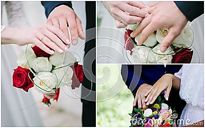 Wedding collage - hands with rings, people renewing vows. Stock Photo