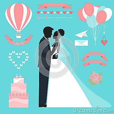 Wedding collection with bride, groom silhouette Vector Illustration