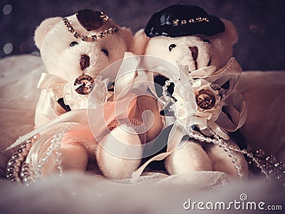 Wedding concept : Couple Teddy Bears in wedding dress Stock Photo