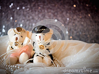 Wedding concept : Couple Teddy Bears in wedding dress . Stock Photo