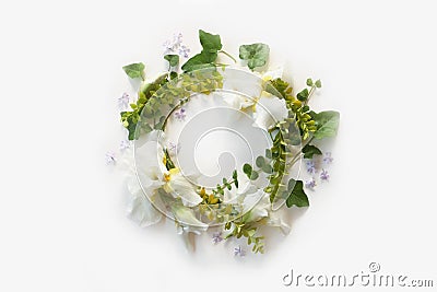 Wedding concept. Floral frame with Iris white flowers, buds Stock Photo