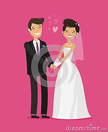 Wedding concept. Happy bride and groom holding hands. Cartoon vector illustration Vector Illustration