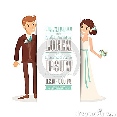 Wedding couple groom and bride on white background, Wedding invitation card template Vector Illustration