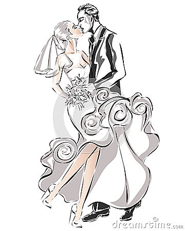 Wedding couple, happy bride and groom, Cartoon Illustration