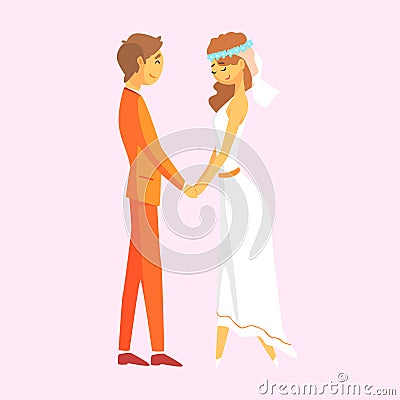 Wedding couple holding hands. Romantic couple colorful cartoon character Vector Illustration