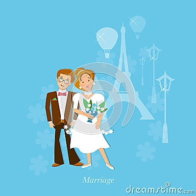 Wedding couple in love honeymoon to Paris Vector Illustration