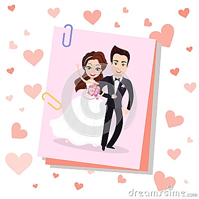 Smiling Bride and Groom Postcard, Wedding Vector Vector Illustration