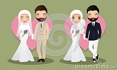 Set of characters cute muslim bride and groom.Wedding invitations card.Vector illustration in couple cartoon in love Vector Illustration