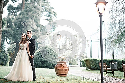 Wedding couple in the park under a tree in the rain Stock Photo