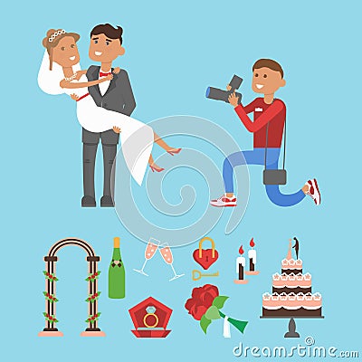 Wedding couple and photographer characters Vector Illustration