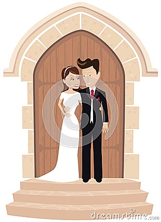 Wedding couple posing at church door Vector Illustration