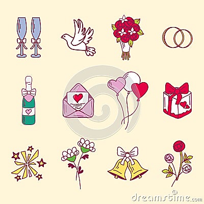 Wedding couple relationship marriage nuptial icons design ceremony celebration and holliday folk icons beauty hand drawn Vector Illustration