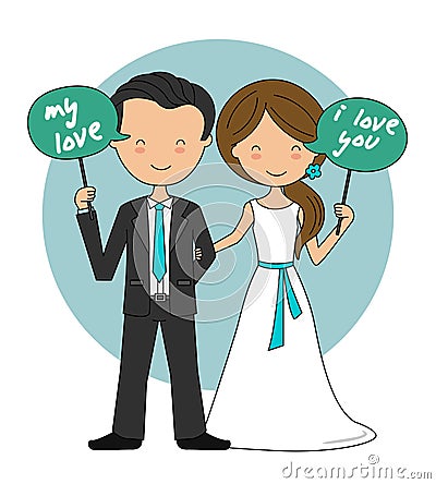 Wedding couple with signs with love messages Vector Illustration