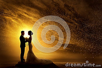 Wedding Couple Silhouette. Bride and Groom over yellow Sunshine Sunset. Romantic Couple at Night Sky Stars Landscape Stock Photo