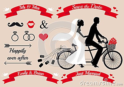 Wedding couple on tandem bicycle, vector set Vector Illustration