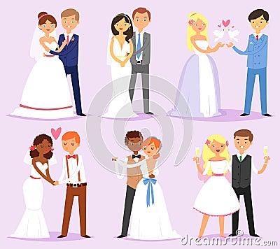 Wedding couple vector married bride or fiancee and bridegroom or fiance characters on wed illustration set of loving man Vector Illustration