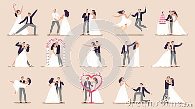 Wedding couples. Bride in wedding dress, just married couple and marriage ceremony cartoon vector illustration set Vector Illustration