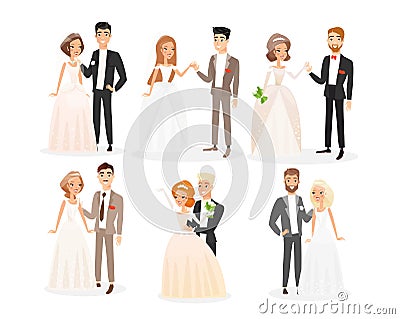 Wedding couples flat vector illustrations set. Bride and groom cartoon characters pack. Engagement ceremony. Woman in Vector Illustration