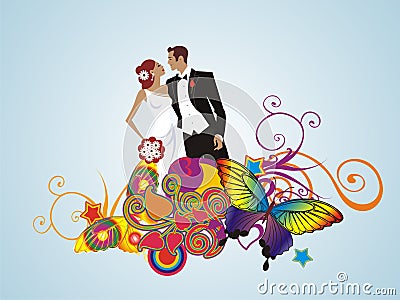 Wedding creative floral couple card Vector Illustration