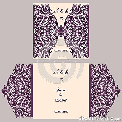 Wedding cutout invitation template. Suitable for lasercutting. Lazercut vector wedding invitation template. Lazer cut Vector Illustration