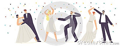 Wedding Dancing and Celebration Concept. Just Married Characters Dance, Newlywed Bride and Groom Couple Marriage Vector Illustration