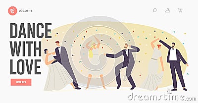 Wedding Dancing Landing Page Template. Just Married Characters Dance with Love, Newlywed Bride and Groom Couple Marriage Vector Illustration