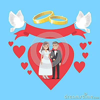 Wedding Day Concept Couple in Ruddy Big Heart Vector Illustration