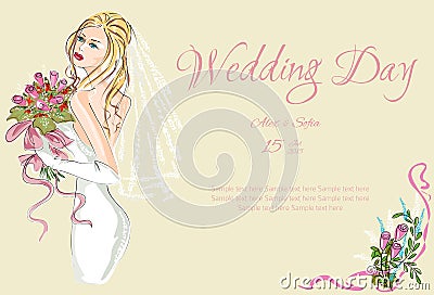 Wedding Day invitation with beautiful fiancee Vector Illustration