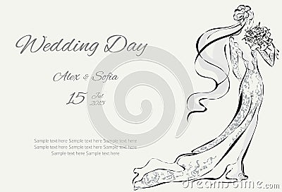 Wedding Day invitation with beautiful fiancee Cartoon Illustration