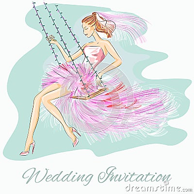 Wedding Day invitation with beautiful fiancee on a swing Cartoon Illustration