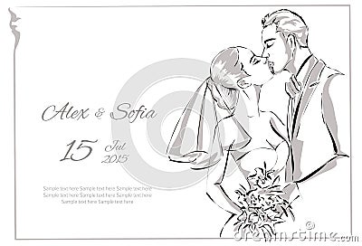 Wedding Day invitation with sweet couple Cartoon Illustration