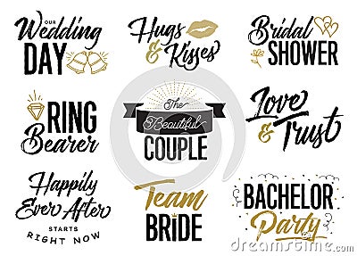 Wedding Day Marriage Lettering Phrases Vector Set Vector Illustration