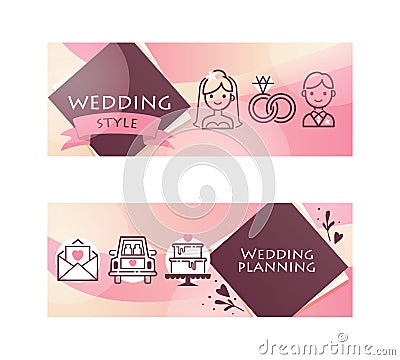 Wedding day party for just married couple horizontal banners set vector illustration. Wedding planning and style with Vector Illustration