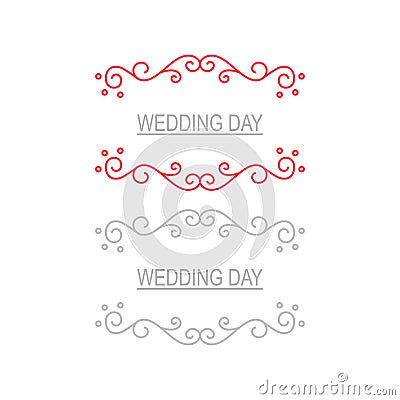 Wedding Day Red Silver Ornamental Set isolated on White Vector Illustration