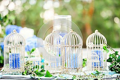 Wedding decor with birdcages and candles Stock Photo